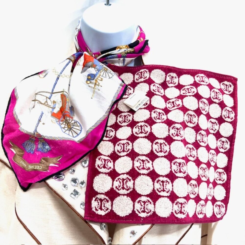 Set of 2 Celine Paris 1 Handkerchief 19" Cotton +1 Hand Towel 10" pink horse(67) - Picture 2 of 7